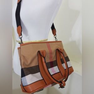 Black Brown Plaid Work Satchel Crossbody Canvas Lightweight Bag